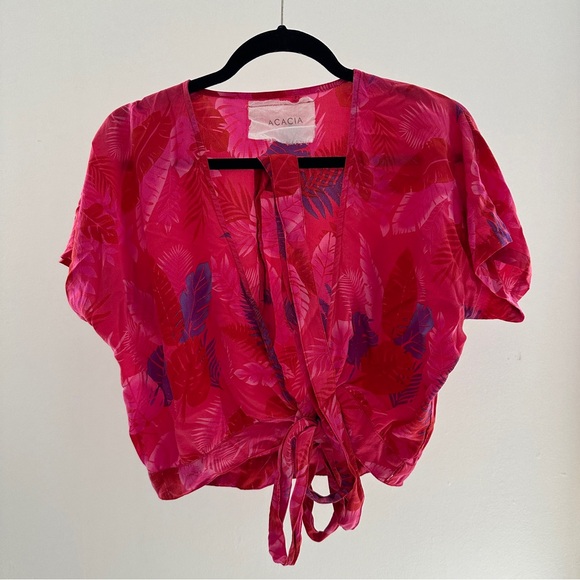 Acacia, silk crop top with WRAP TIES/bow - pink SMALL - Picture 1 of 4